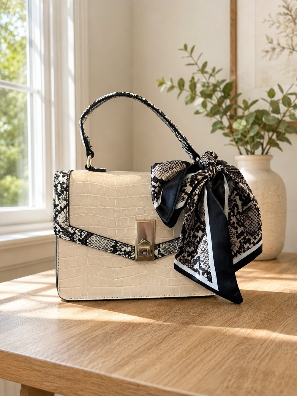 ALDO Cream Croc-Embossed Top Handle Bag with Scarf